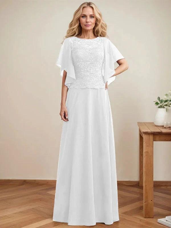 A-line Scoop Illusion Floor-Length Lace Chiffon Mother of the Bride Dress With Sequins by Dreamylily