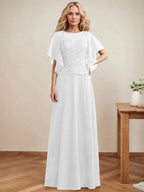 A-line Scoop Illusion Floor-Length Lace Chiffon Mother of the Bride Dress With Sequins by Dreamylily