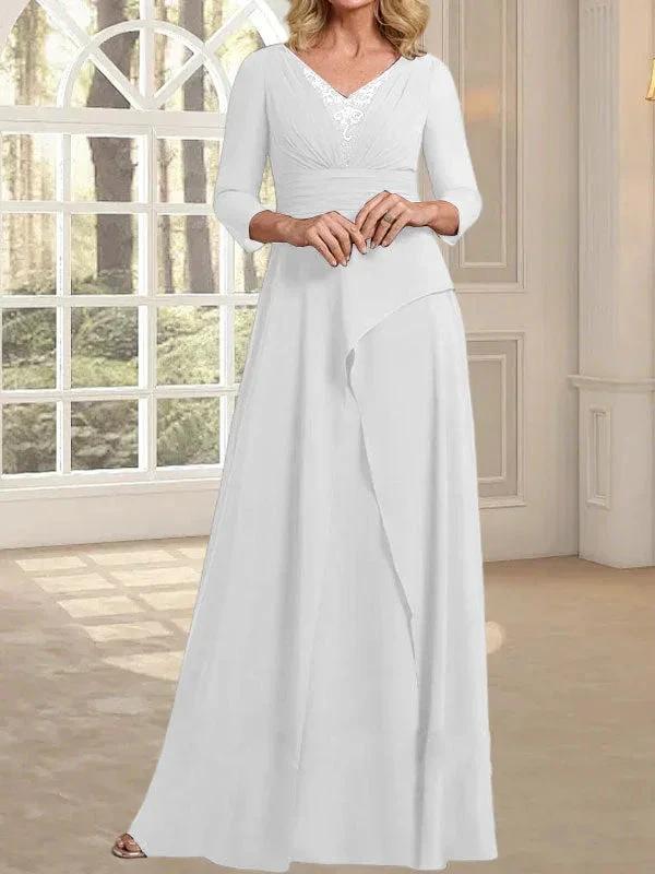 A-line V-Neck Floor-Length Chiffon Mother of the Bride Dress With Pleated Beading by Dreamylily