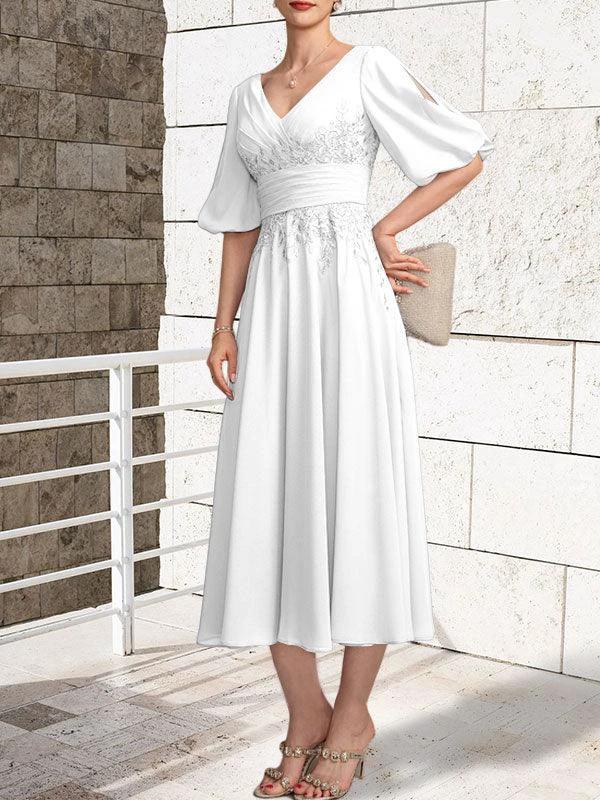 A-line V-Neck Tea-Length Lace Chiffon Mother of the Bride Dress With Pleated by Dreamylily