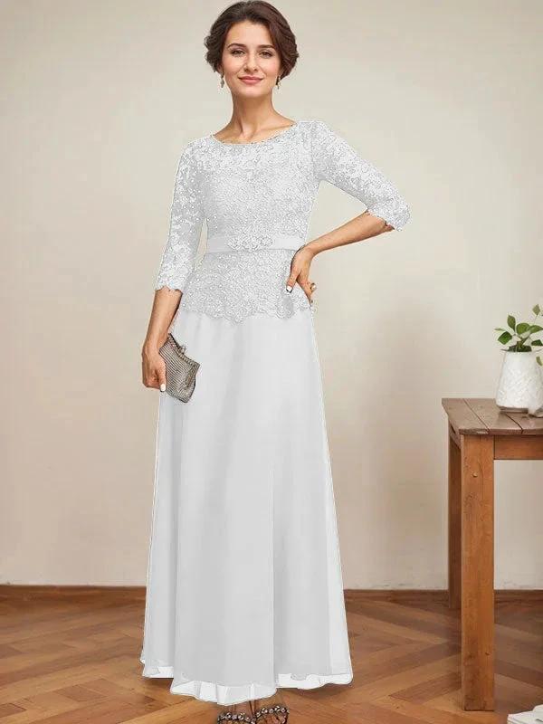 A-line Scoop Illusion Ankle-Length Chiffon Lace Mother of the Bride Dress With Rhinestone Beading by Dreamylily