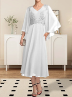 A-line V-Neck Tea-Length Chiffon Lace Mother of the Bride Dress With Beading Sequins by Dreamylily
