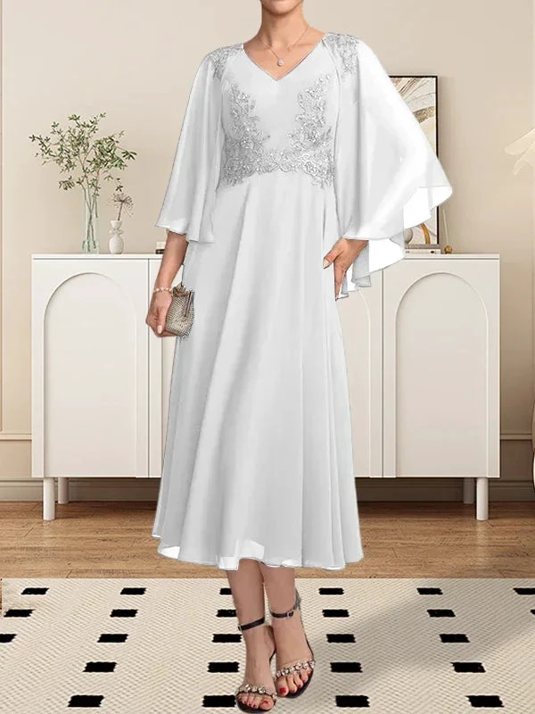 A-line V-Neck Tea-Length Chiffon Lace Mother of the Bride Dress With Beading Sequins by Dreamylily