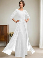 A-Line Scoop Illusion Floor-Length Lace Chiffon Mother Of the Bride Dress With Beading Ruffles by Dreamylily