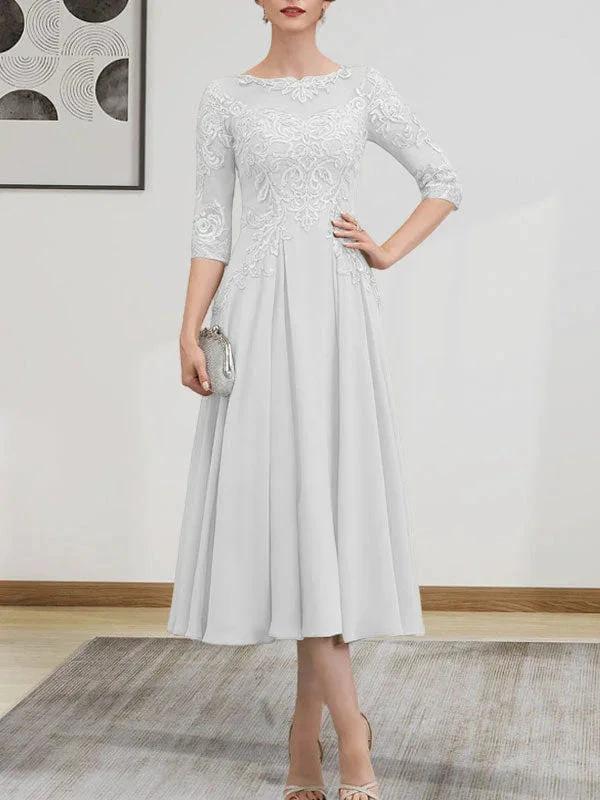 A-line Scoop Illusion Tea-Length Chiffon Lace Mother of the Bride Dress With Beading Sequins by Dreamylily