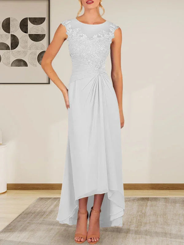 Vestido de gasa con encaje y escote redondo en forma de A color champán