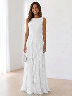 Sleeveless Tiered Chiffon Maxi Evening Gown with Ruched Bodice