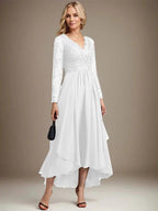A-line V-Neck Asymmetrical Lace Chiffon Mother of the Bride Dress by Dreamylily