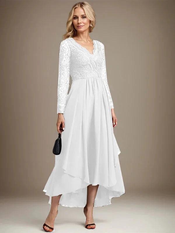A-line V-Neck Asymmetrical Lace Chiffon Mother of the Bride Dress by Dreamylily