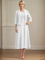 A-line Scoop Tea-Length Lace Chiffon Mother of the Bride Dress by Dreamylily