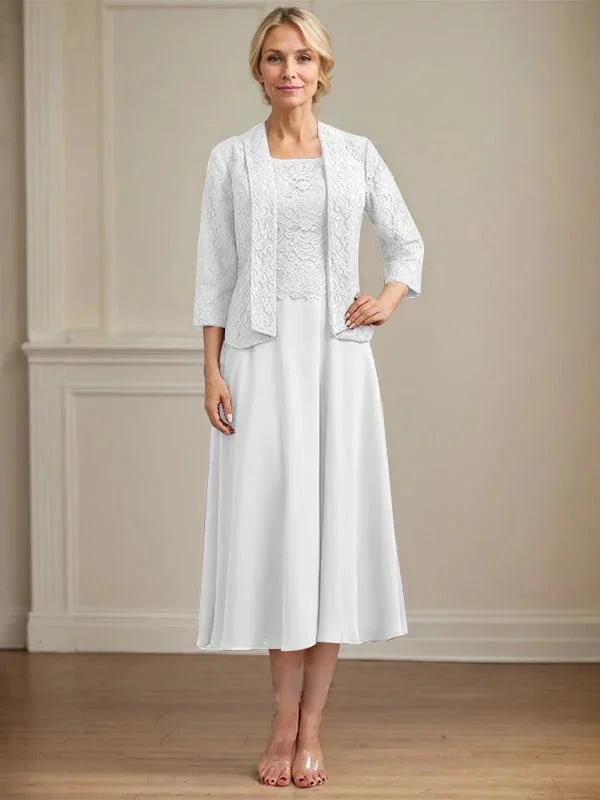 A-line Scoop Tea-Length Lace Chiffon Mother of the Bride Dress by Dreamylily