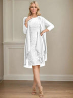 Sheath/Column Scoop Illusion Knee-Length Lace Chiffon Mother of the Bride Dress With Cascading Ruffles Sequins by Dreamylily