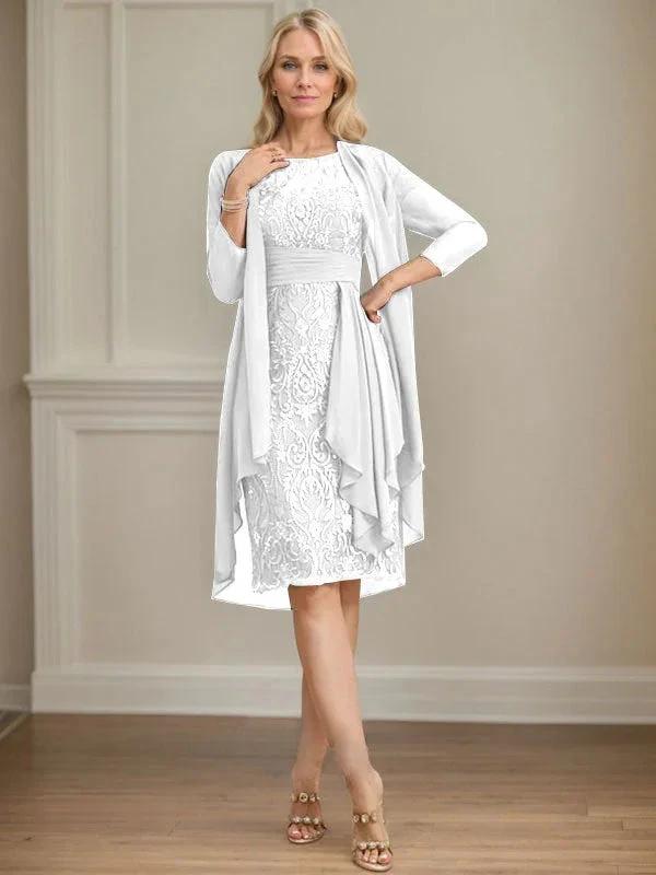 Sheath/Column Scoop Illusion Knee-Length Lace Chiffon Mother of the Bride Dress With Cascading Ruffles Sequins by Dreamylily