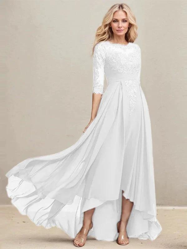 A-line Scoop Illusion Asymmetrical Lace Chiffon Mother of the Bride Dress With Pleated Sequins by Dreamylily
