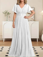A-line V-Neck Floor-Length Chiffon Mother of the Bride Dress With Crystal Brooch Pleated by Dreamylily