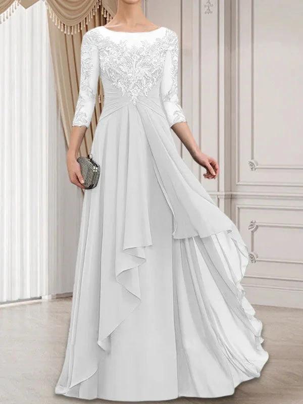 A-line Scoop Illusion Floor-Length Lace Chiffon Mother of the Bride Dress With Cascading Ruffles by Dreamylily