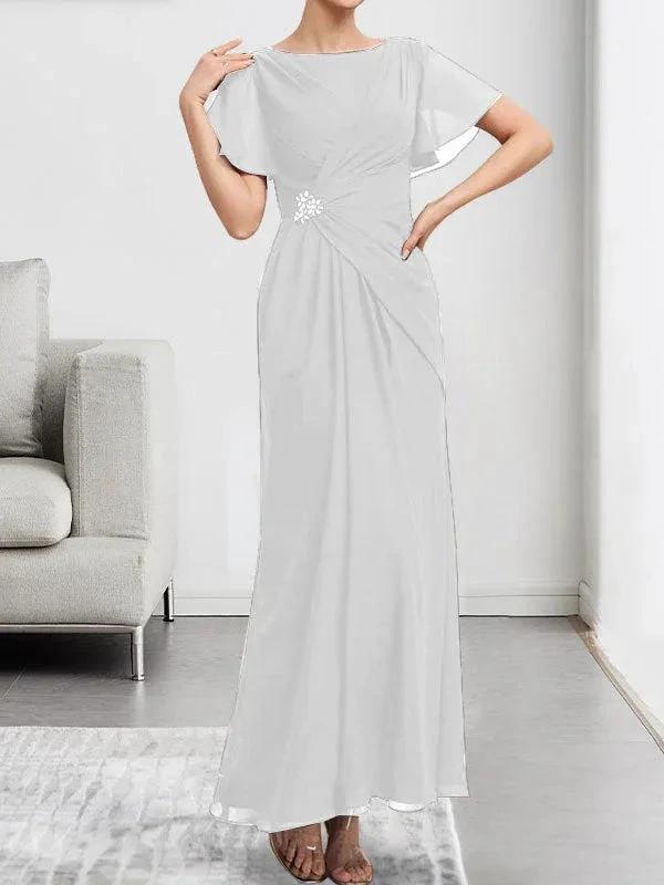 A-line Scoop Ankle-Length Chiffon Mother of the Bride Dress With Beading Pleated by Dreamylily