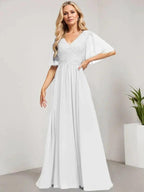 A-line V-Neck Floor-Length Lace Chiffon Mother of the Bride Dress With Sequins by Dreamylily