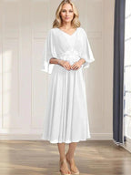 A-line V-Neck Tea-Length Chiffon Mother of the Bride Dress With Pleated Sequins Appliques Lace Beadind by Dreamylily