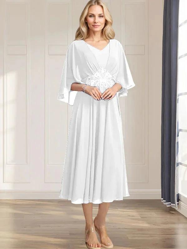 A-line V-Neck Tea-Length Chiffon Mother of the Bride Dress With Pleated Sequins Appliques Lace Beadind by Dreamylily