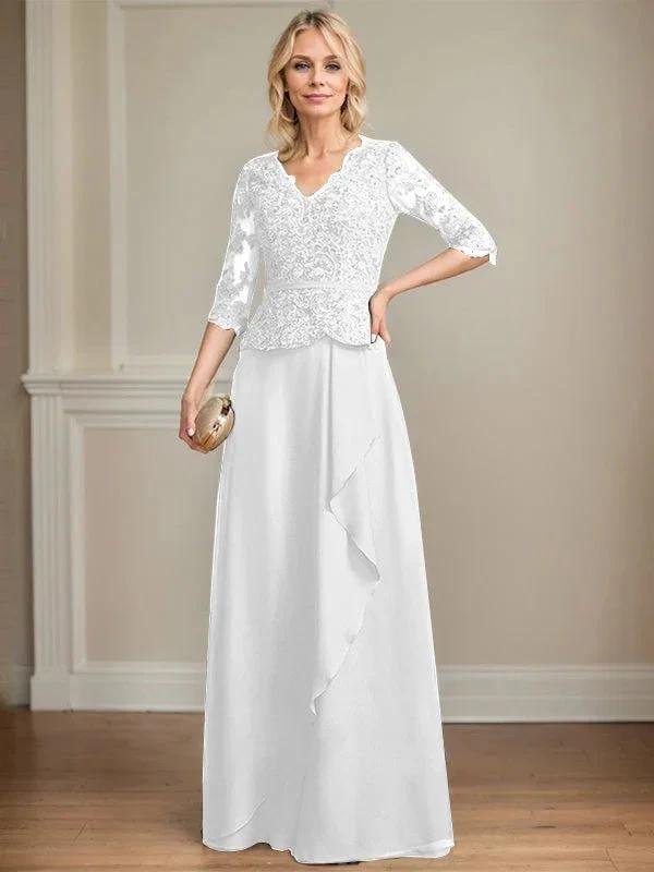 A-line V-Neck Floor-Length Lace Chiffon Mother of the Bride Dress With Cascading Ruffles Sequins by Dreamylily