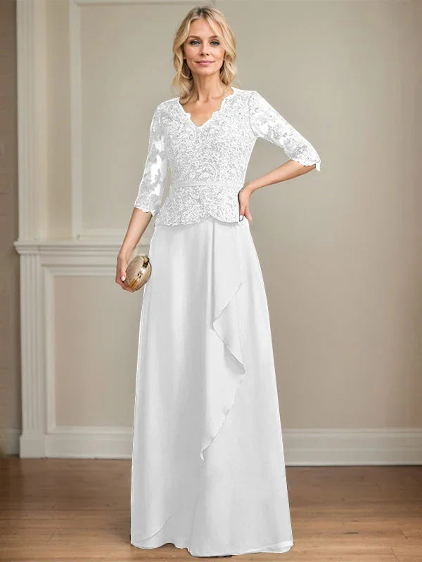 Vestido de madre de la novia de gasa con encaje, escote en V, largo hasta el suelo, con volantes en cascada y lentejuelas 