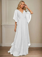 A-line V-Neck Floor-Length Chiffon Mother of the Bride Dress With Sequins Appliques Lace Beading by Dreamylily