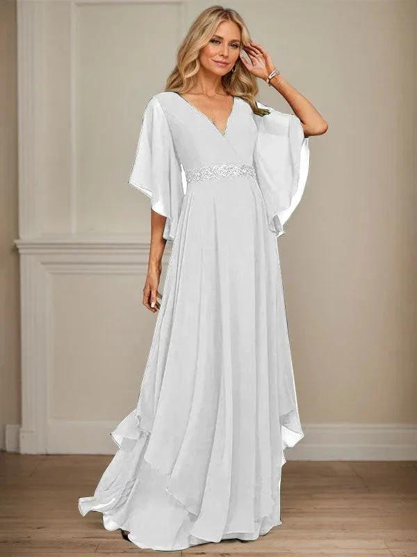 A-line V-Neck Floor-Length Chiffon Mother of the Bride Dress With Sequins Appliques Lace Beading by Dreamylily