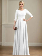 A-line Scoop Illusion Floor-Length Lace Chiffon Mother of the Bride Dress With Sequins by Dreamylily