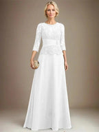 A-line Scoop Illusion Floor-Length Chiffon Lace Mother of the Bride Dress With Pleated Sequins Beading by Dreamylily