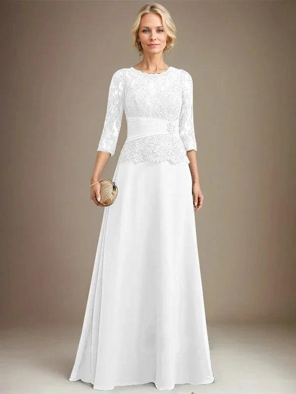 A-line Scoop Illusion Floor-Length Chiffon Lace Mother of the Bride Dress With Pleated Sequins Beading by Dreamylily