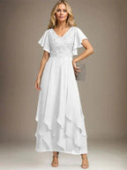 A-line V-Neck Ankle-Length Lace Chiffon Mother of the Bride Dress With Cascading Ruffles by Dreamylily