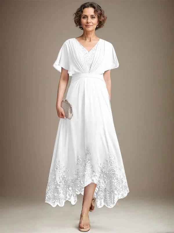A-line V-Neck Asymmetrical Lace Chiffon Mother of the Bride Dress With Pleated by Dreamylily