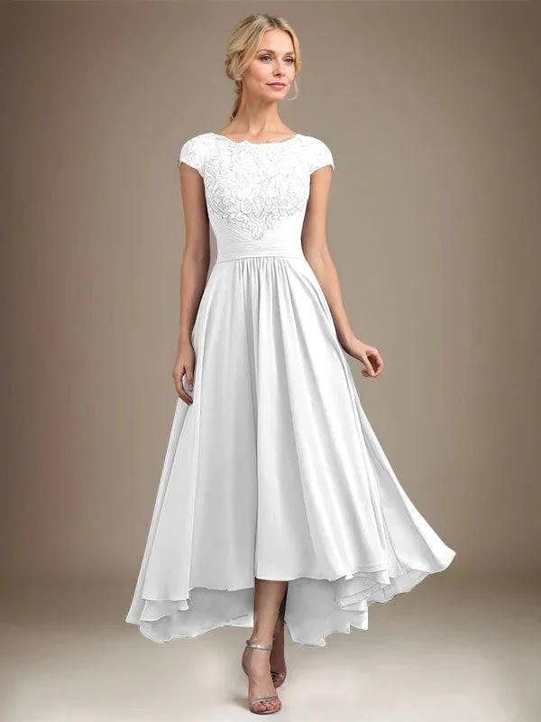 A-line Scoop Illusion Asymmetrical Lace Chiffon Mother of the Bride Dress With Pleated by Dreamylily