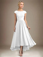 A-line Scoop Illusion Asymmetrical Lace Chiffon Mother of the Bride Dress With Pleated by Dreamylily