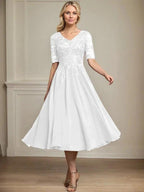 A-line V-Neck Tea-Length Lace Chiffon Mother of the Bride Dress With Sequins by Dreamylily