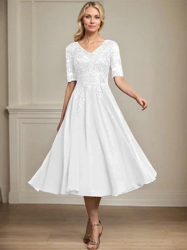 A-line V-Neck Tea-Length Lace Chiffon Mother of the Bride Dress With Sequins by Dreamylily