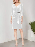 Short Velvet Sheath Dress with Surplice Neckline, Cascade Skirt and Embellishment Detail at Hip by Dreamylily