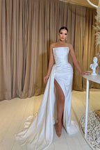 Sexy Mermaid Strapless Satin Split Front Long Prom Dresses With Beads by BIZTUNNEL