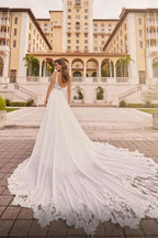 White Long A-line V-neck Chiffon Lace Backless Wedding Dresses with Slit by BIZTUNNEL
