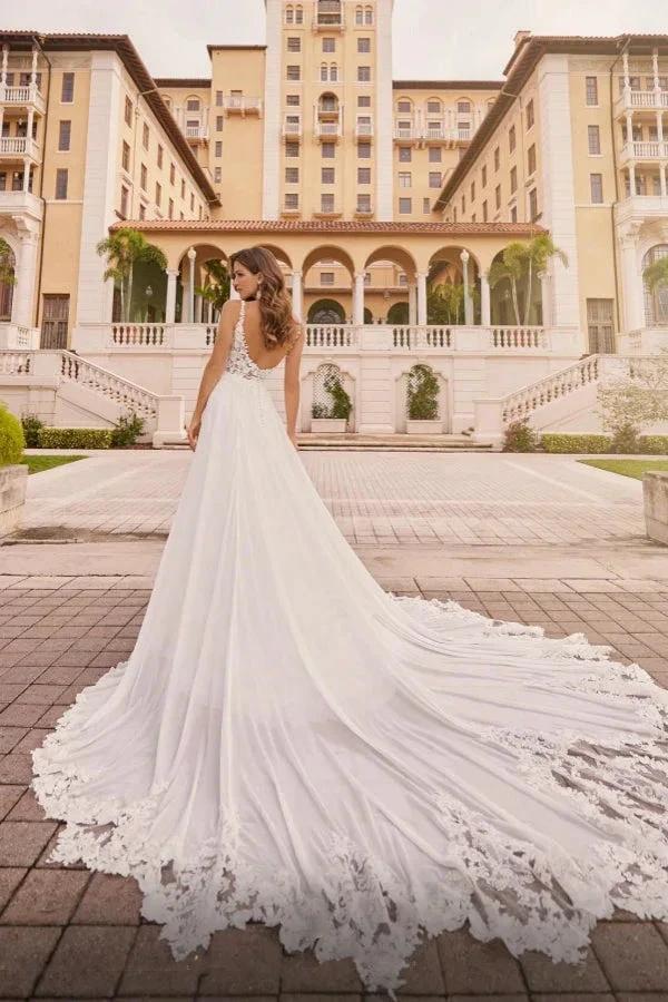 White Long A-line V-neck Chiffon Lace Backless Wedding Dresses with Slit by BIZTUNNEL