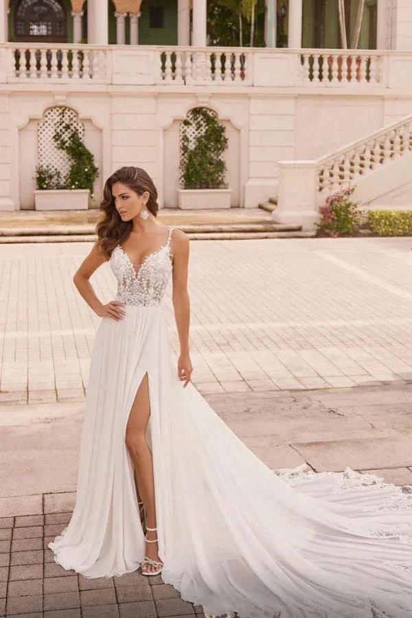 White Long A-line V-neck Chiffon Lace Backless Wedding Dresses with Slit by BIZTUNNEL