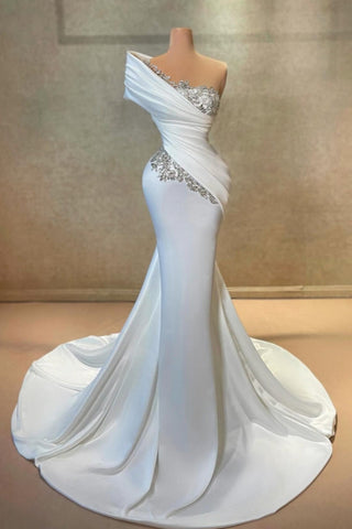 Weißes langes One-Shoulder-Meerjungfrau-Spitzen-Satin-Ballkleid mit Perlen