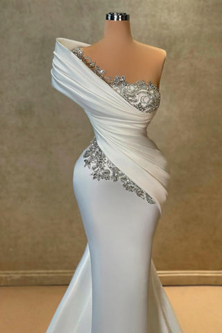 Weißes langes One-Shoulder-Meerjungfrau-Spitzen-Satin-Ballkleid mit Perlen