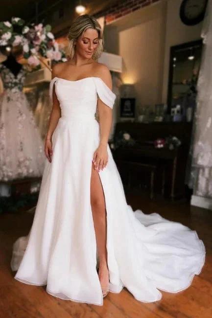 White Off the shoulder High split Wedding Dress by misshow.com