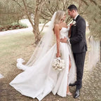 White Plus Size A Line Satin Strapless Wedding Dress V Neck Pleats High Side Slit Floor Length Bride Gowns Bridal Dres by payinti