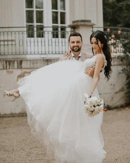 White Princess A-line Tulle Wedding Dress Floor length Bridal Gowns by misshow.com