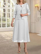 A-line Scoop Tea-Length Lace Chiffon Mother of the Bride Dress With Sequins by Dreamylily