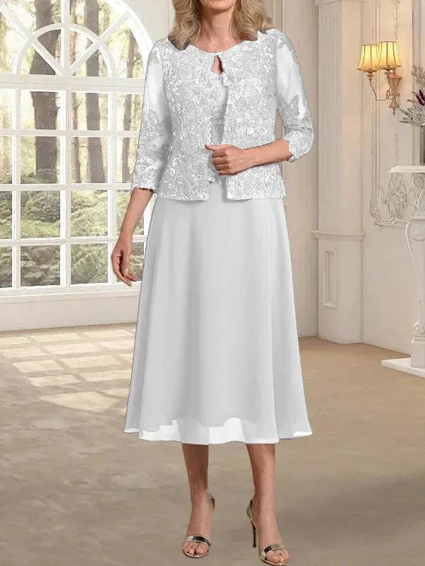 A-line Scoop Tea-Length Lace Chiffon Mother of the Bride Dress With Sequins by Dreamylily