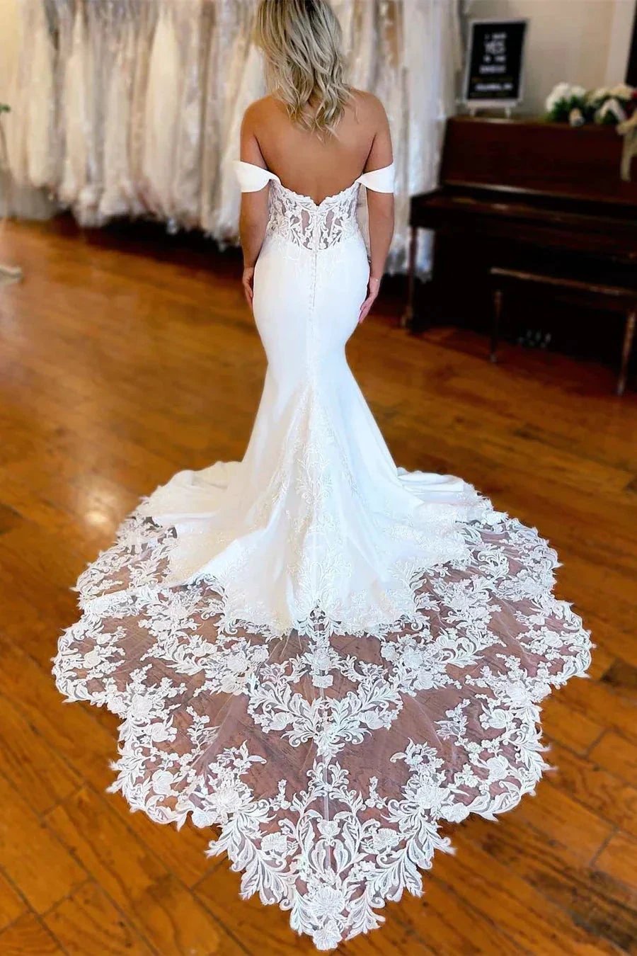 White Lace-Trimmed Off The Shoulder Mermaid Long Wedding Dress WD635 by pgmdress